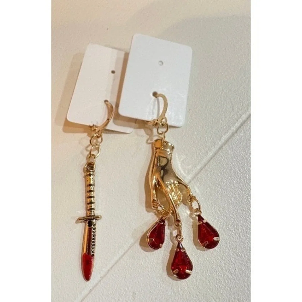 Gothic Sword & Hand Earrings – Red Crystal Asymmetrical Statement Dangle Jewelry